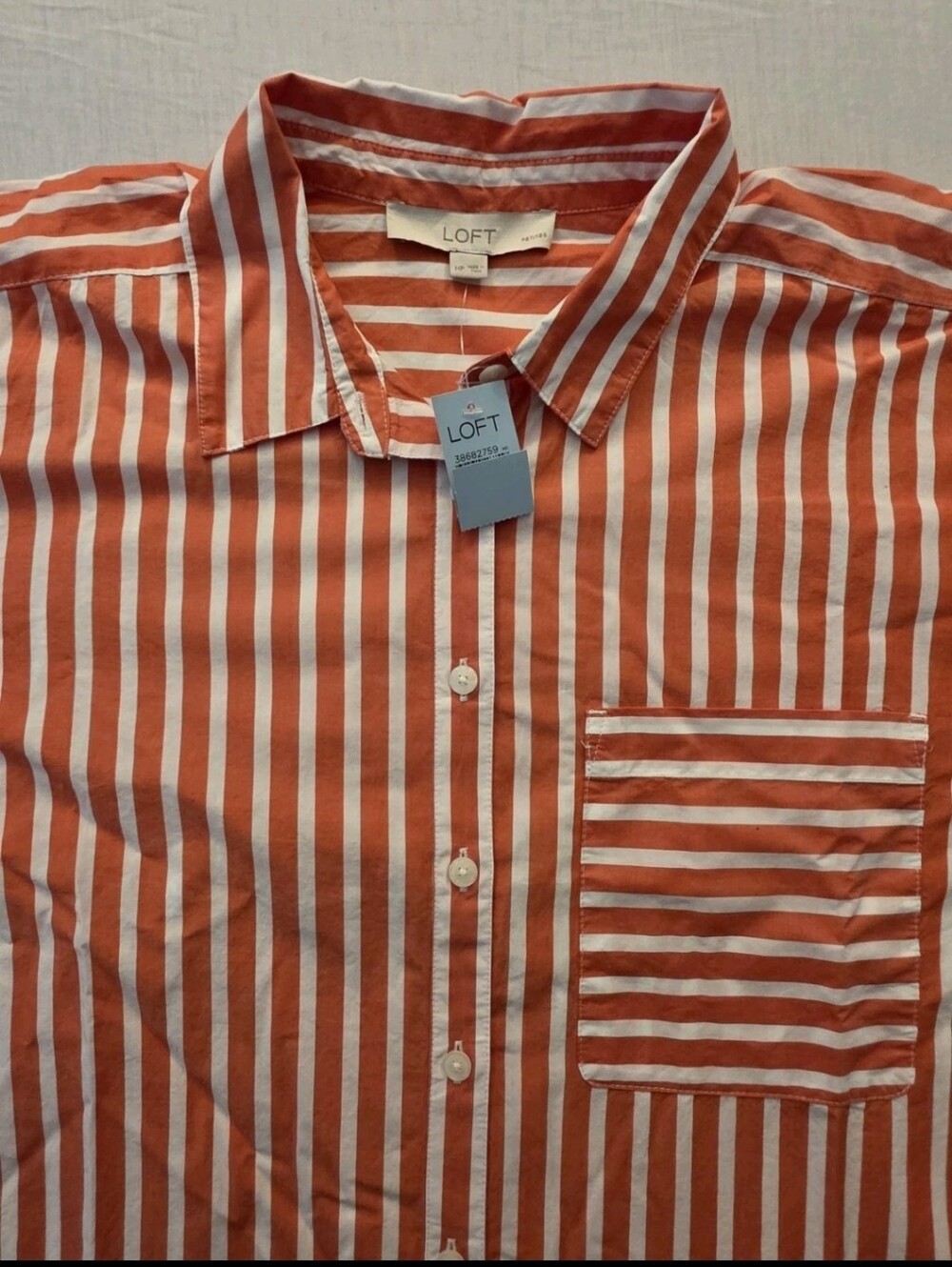 LOFT Petite M Striped Button Down Shirt Coral White Pocket Long Sleeve NWT